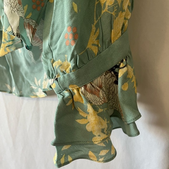 Zara Women’s Japanese Crane Print Long sleeve Sea green Size Medium Blouse - Picture 6 of 8
